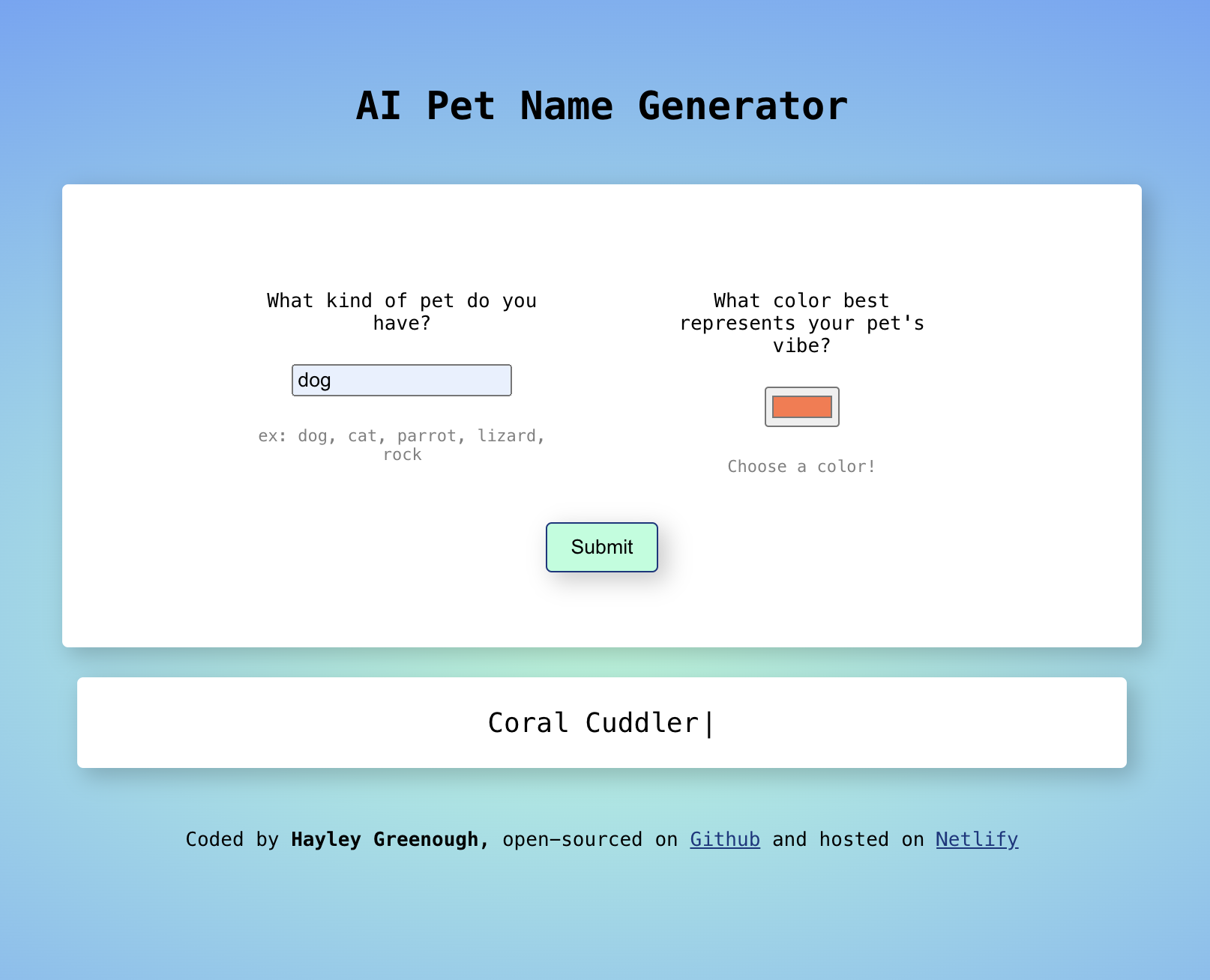 AI Pet Name Generator image of pet name generator site