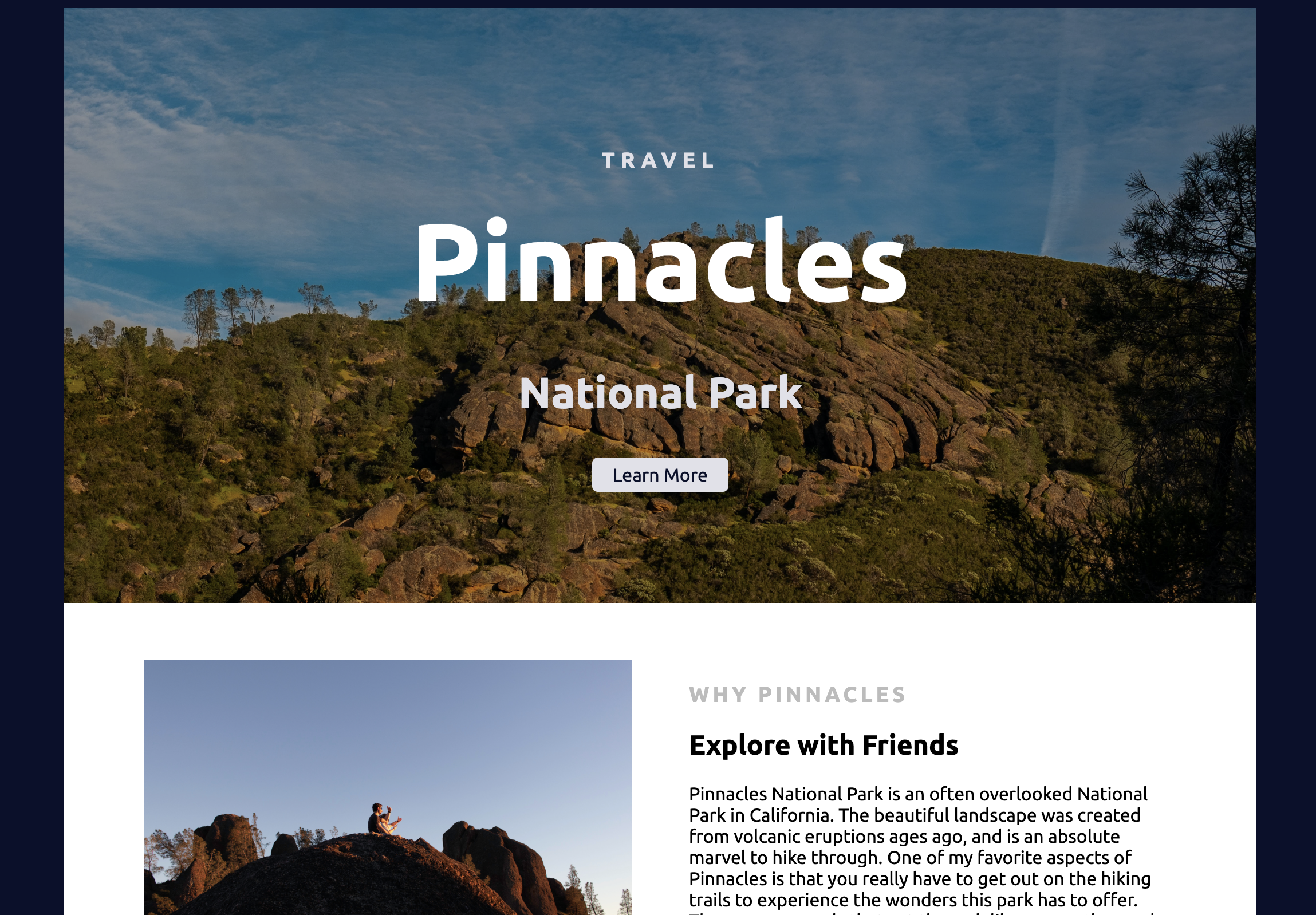 Pinnacles National Park Travel Site Image of landing site for Pinnacles national park travel site